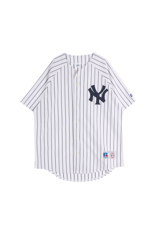 러셀 애슬레틱 x MLB (Man - L) 폴리 패치 로고 뉴욕 양키스 스트라이프 패턴 버튼 반팔 티셔츠