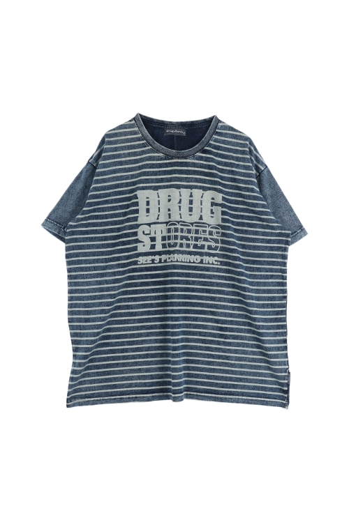 DRUG STORE&#039;S (Man - F) 코튼 빅로고 스트라이프 패턴 크루넥 반팔 티셔츠