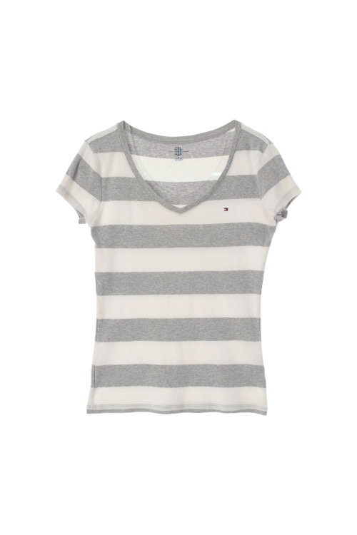 타미힐피거 (Woman - S) 코튼 자수 플래그 로고 배색 브이넥 반팔 티셔츠
