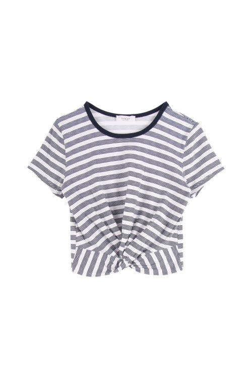 KOREA (Woman - S) 스트라이프 패턴 트위스트 크롭 반팔 티셔츠
