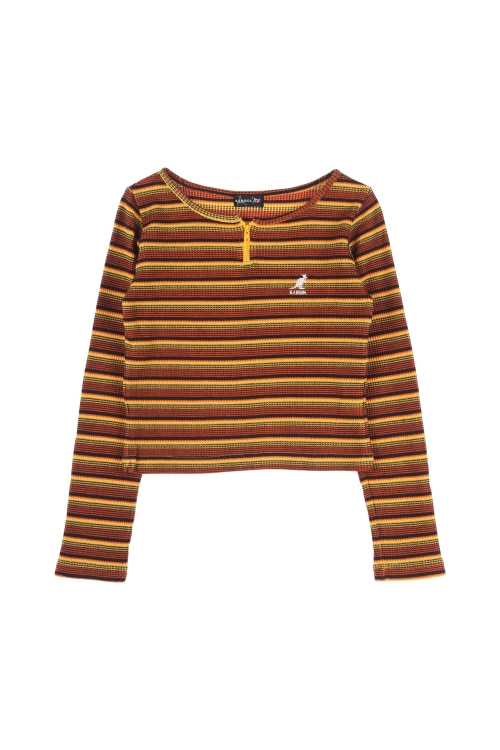 캉골 (Woman - S) 폴리 코튼 자수 로고 스트라이프 패턴 크롭 긴팔 티셔츠