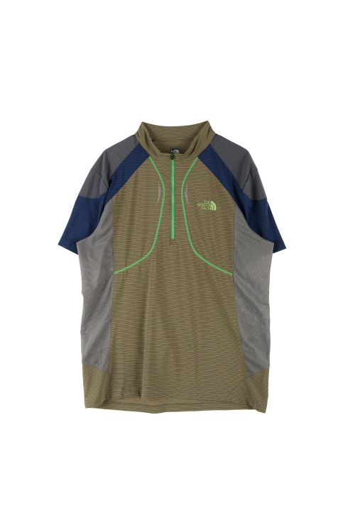 노스페이스 (Man - L) 나일론 로고 배색 핀스트라이프 반집업 하프넥 반팔 티셔츠