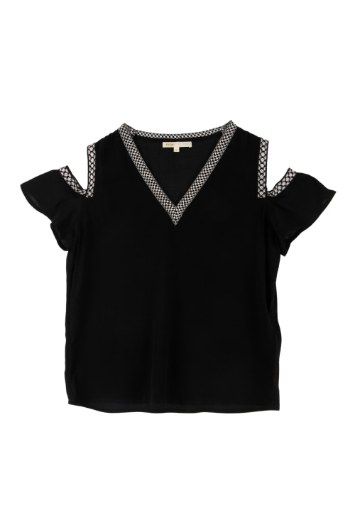 마쥬 (Woman - S) 레이온 배색 패턴 숄더 트임 브이넥 반팔 티셔츠