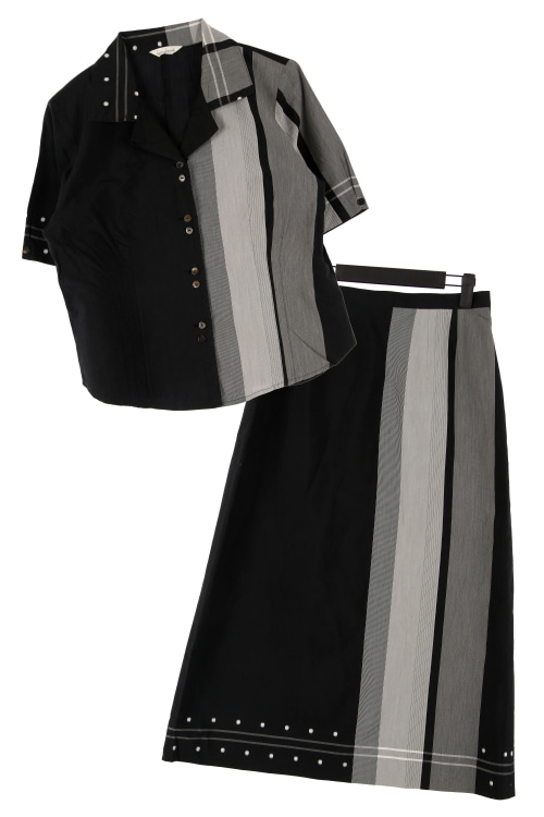 JAPAN (Woman - L) [SET] 2pcs 코튼 큐프라 배색 패턴 반팔 셔츠 &amp; 집업 스커트