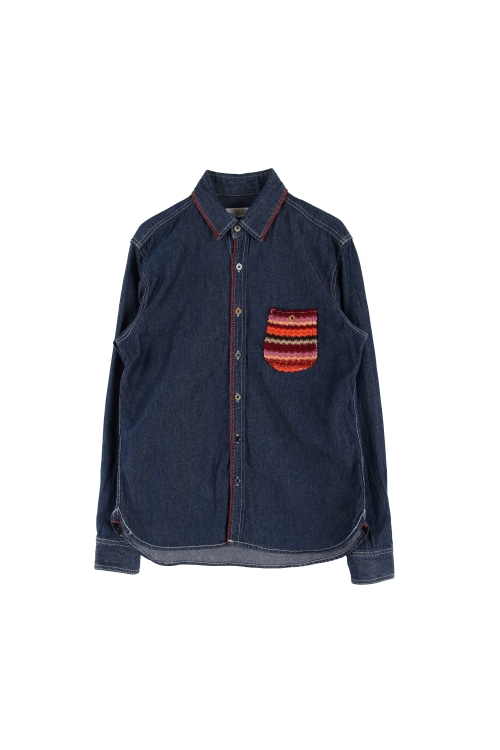 JAPAN (Man - M) 코튼 배색 패턴 니트 원포켓 스티치 데님 긴팔 셔츠