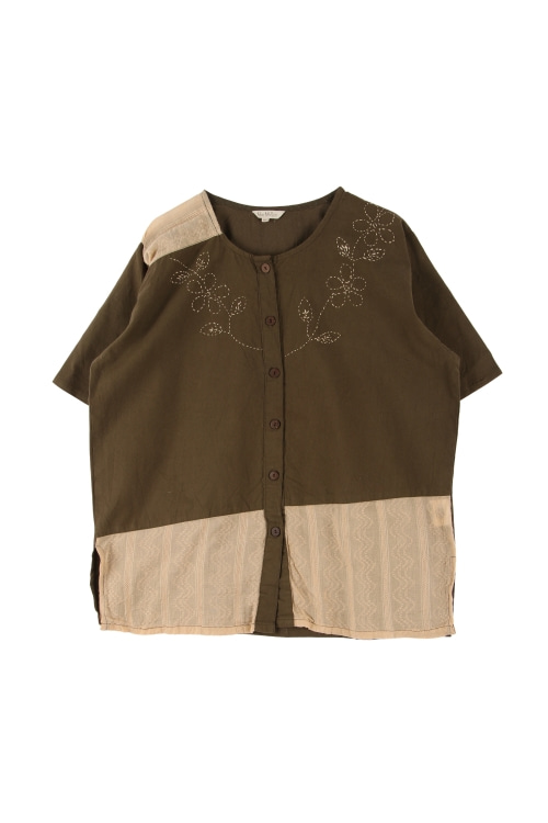 JAPAN (Woman - M~L) 코튼 배색 자수 크루넥 반팔 셔츠