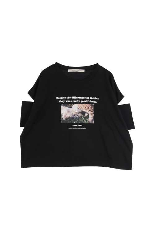 JAPAN (Woman - F) 폴리 코튼 프린팅 슬릿 슬리브 크루넥 크롭 반팔 티셔츠